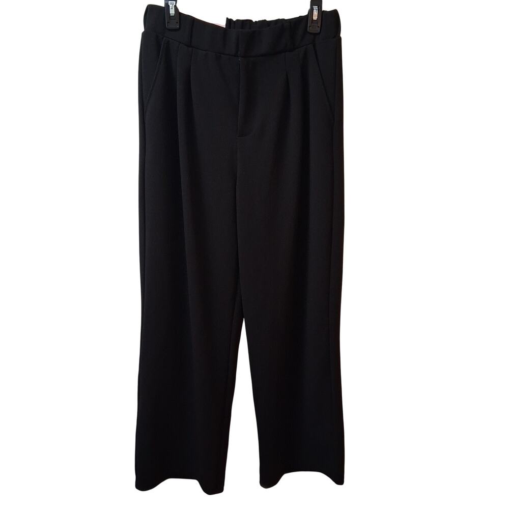 NWT I Believe Women Black Wide Leg Dressed Pants Pleated Front Elastic Back-L